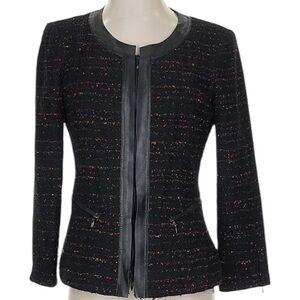 LAFAYETTE 148 New York Black Tweed Boucle Leather Trim Blazer Coat Jacket size16